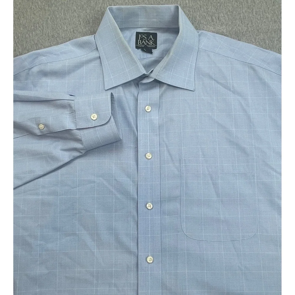 Jos A Bank Shirt Mens 16.5 - 35 Blue Plaid 100% Cotton Traveler's Button Up